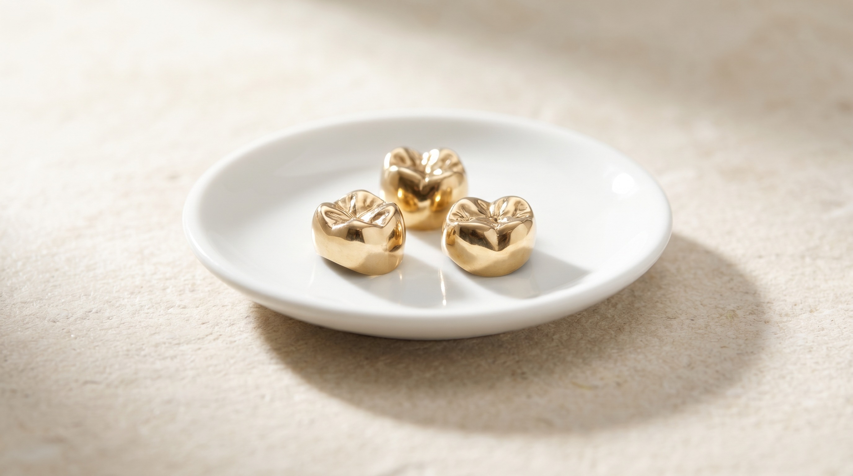Gold dental crowns on a white dish — dental gold value UK — Mozeris Fine Antiques