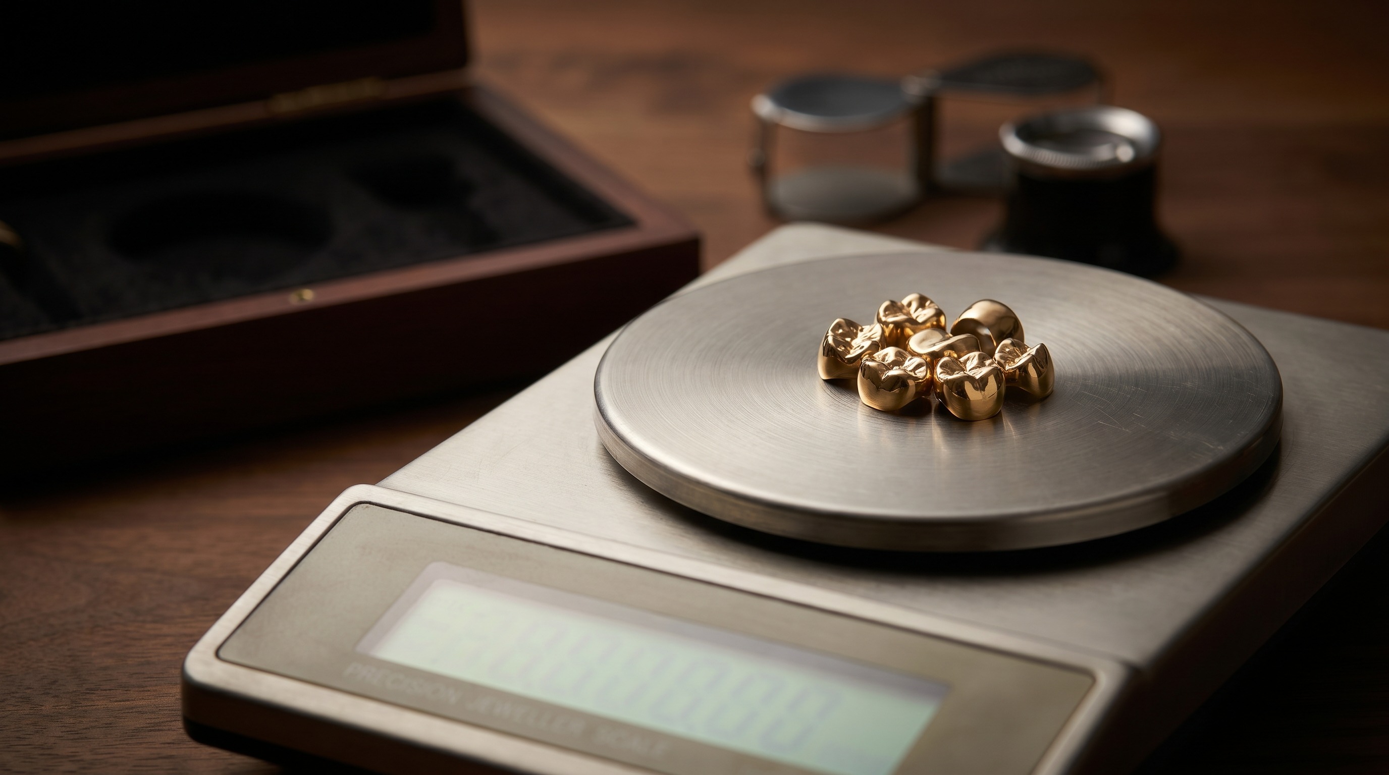 Gold dental crowns on a precision scale