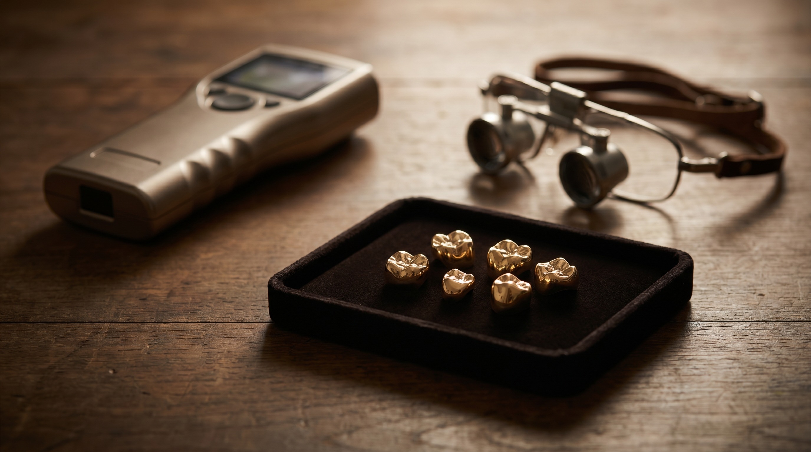 Gold dental crowns beside a testing device