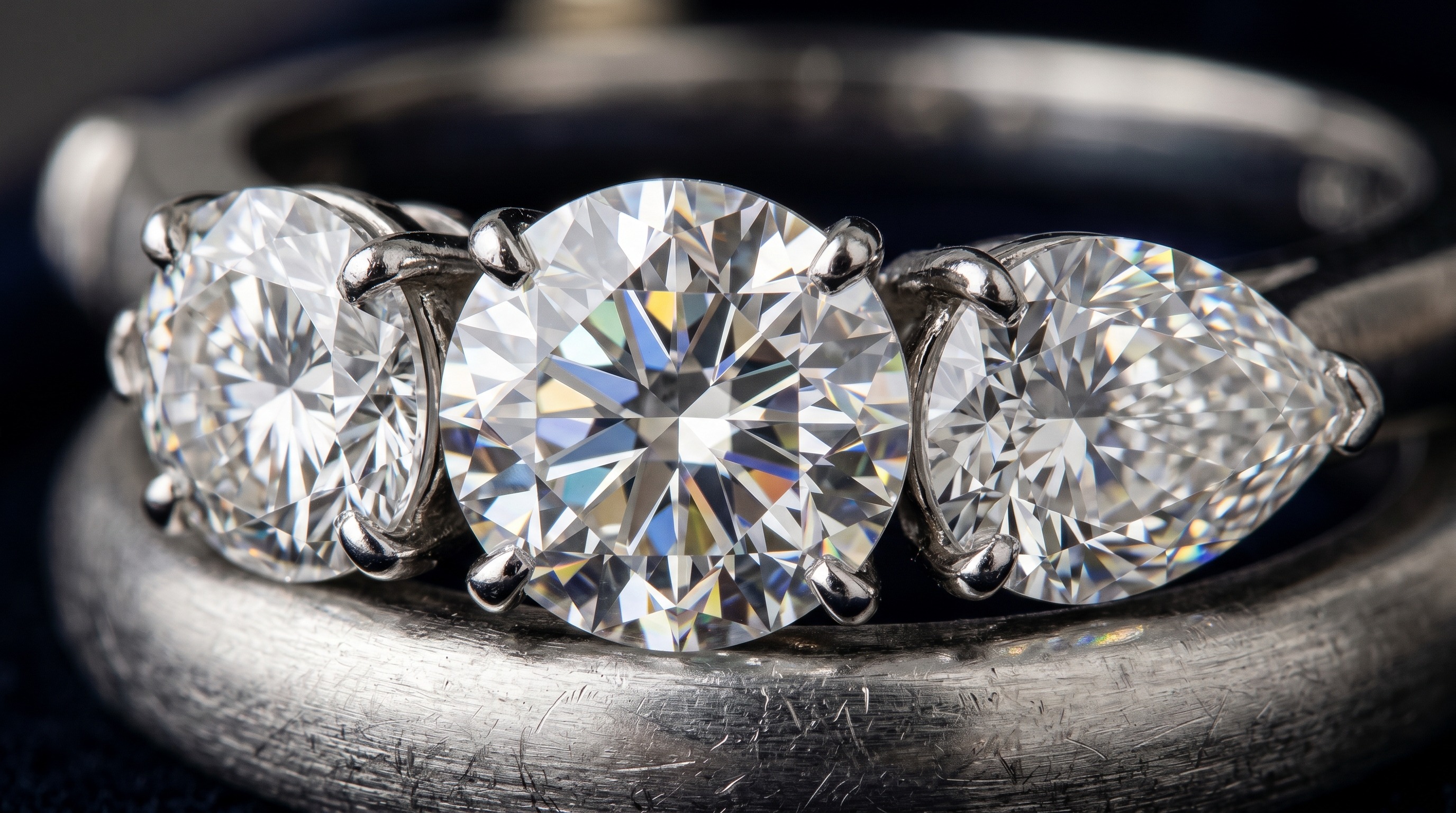 Close-up of large brilliant-cut white diamonds in a Graff platinum setting