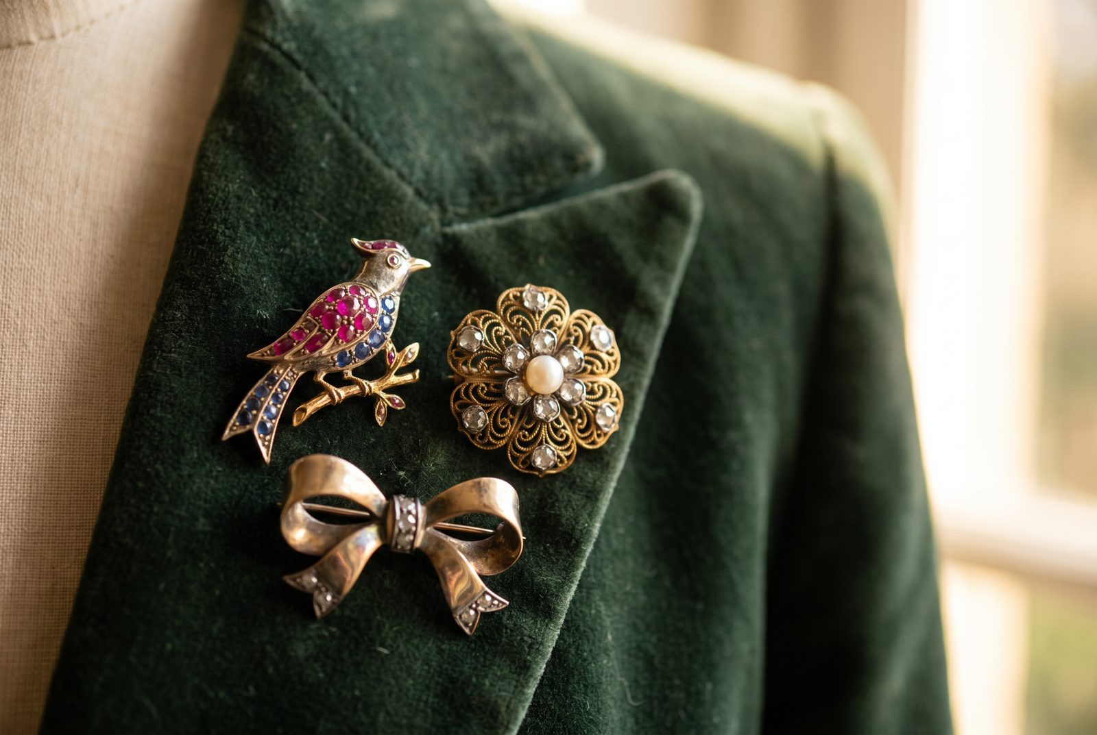 How to group antique brooches in a cluster — a bird, a flower and a bow together