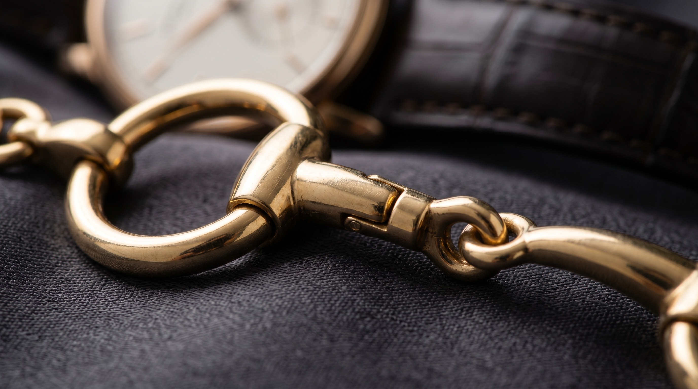 Close-up of a gold Gucci horsebit motif