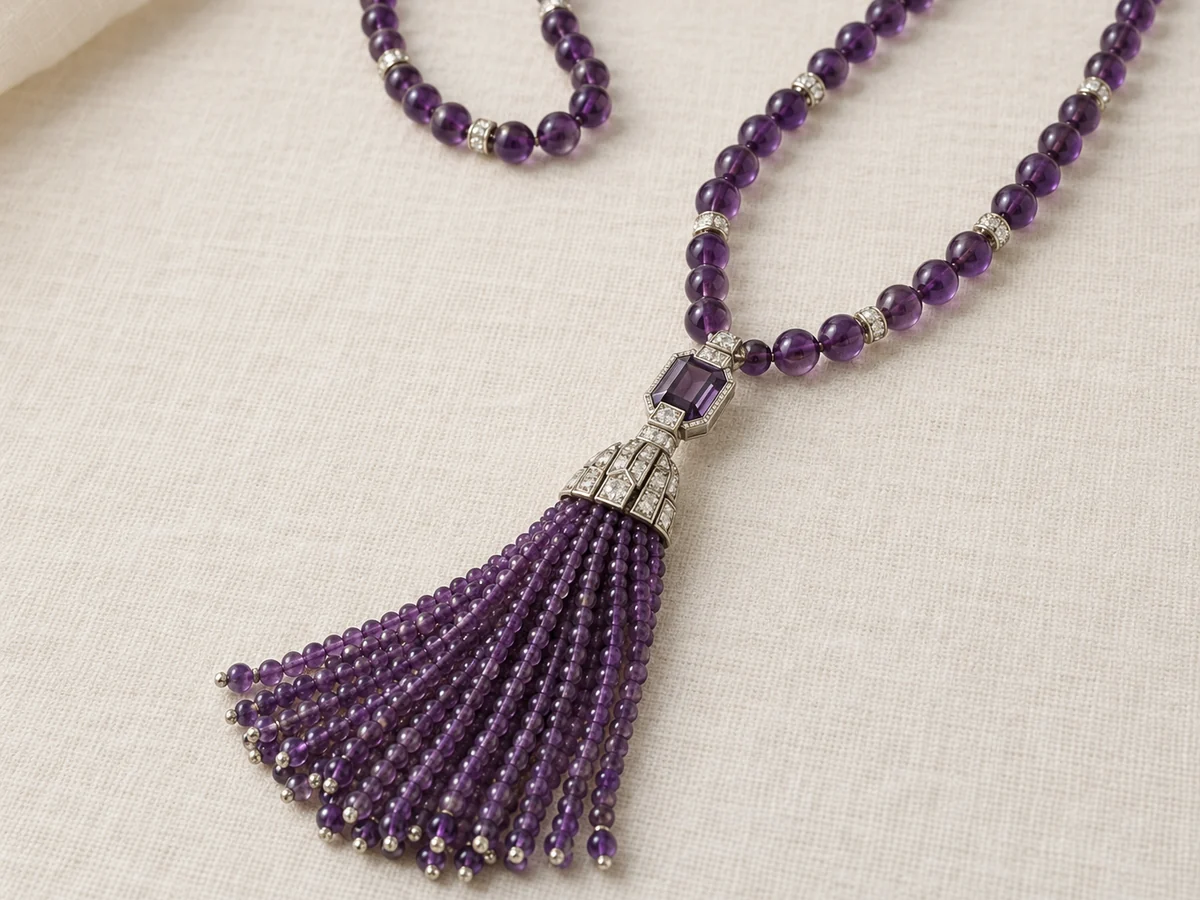 Illustration of a 1920s sautoir of amethyst beads with diamond rondelles, ending in an amethyst bead tassel under a diamond and step-cut amethyst cap