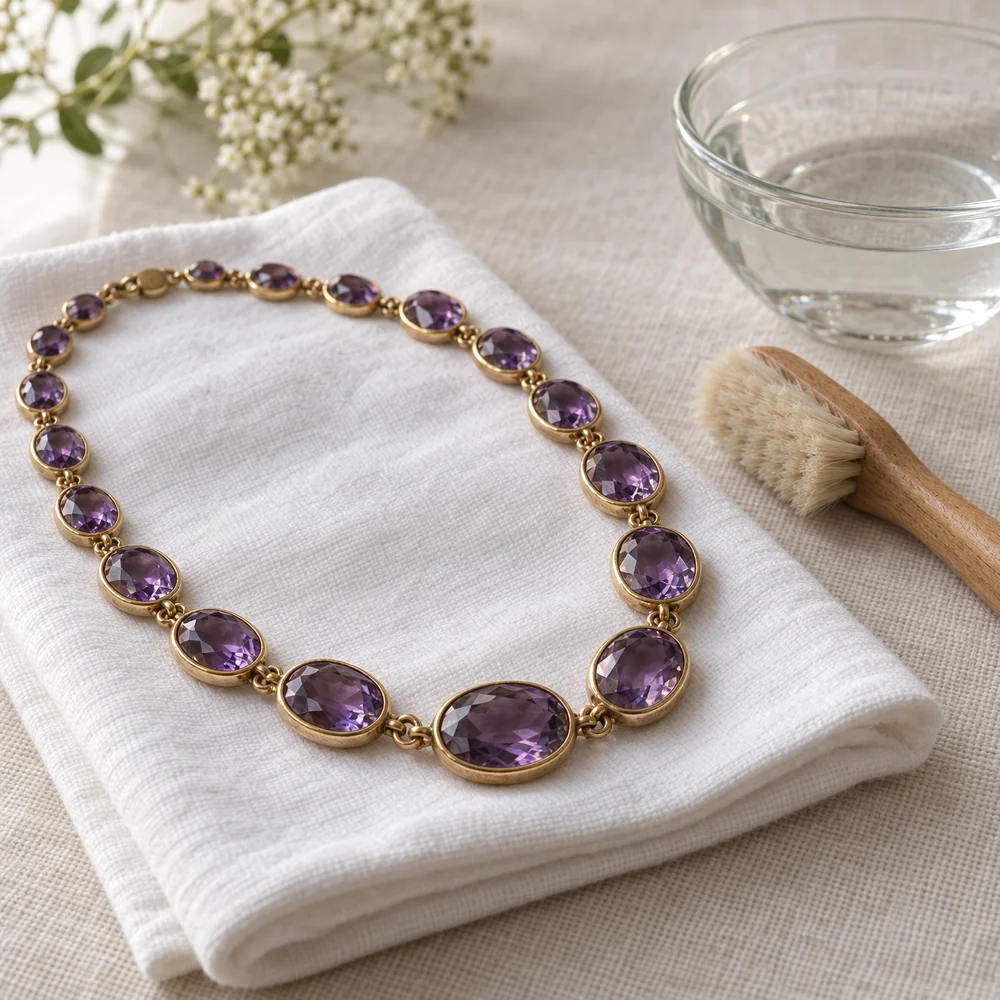 An amethyst rivière necklace on a soft cotton cloth beside a soft brush and a bowl of warm water
