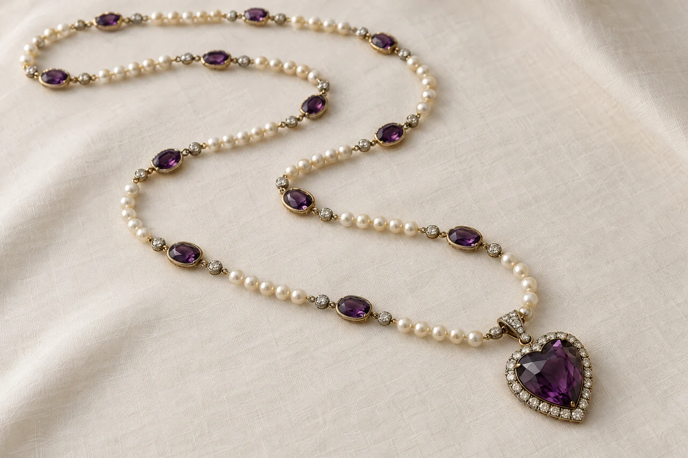 Illustration of a long antique sautoir of pearls, oval amethysts in gold collets and diamond spacers, ending in a heart-shaped amethyst pendant framed in diamonds