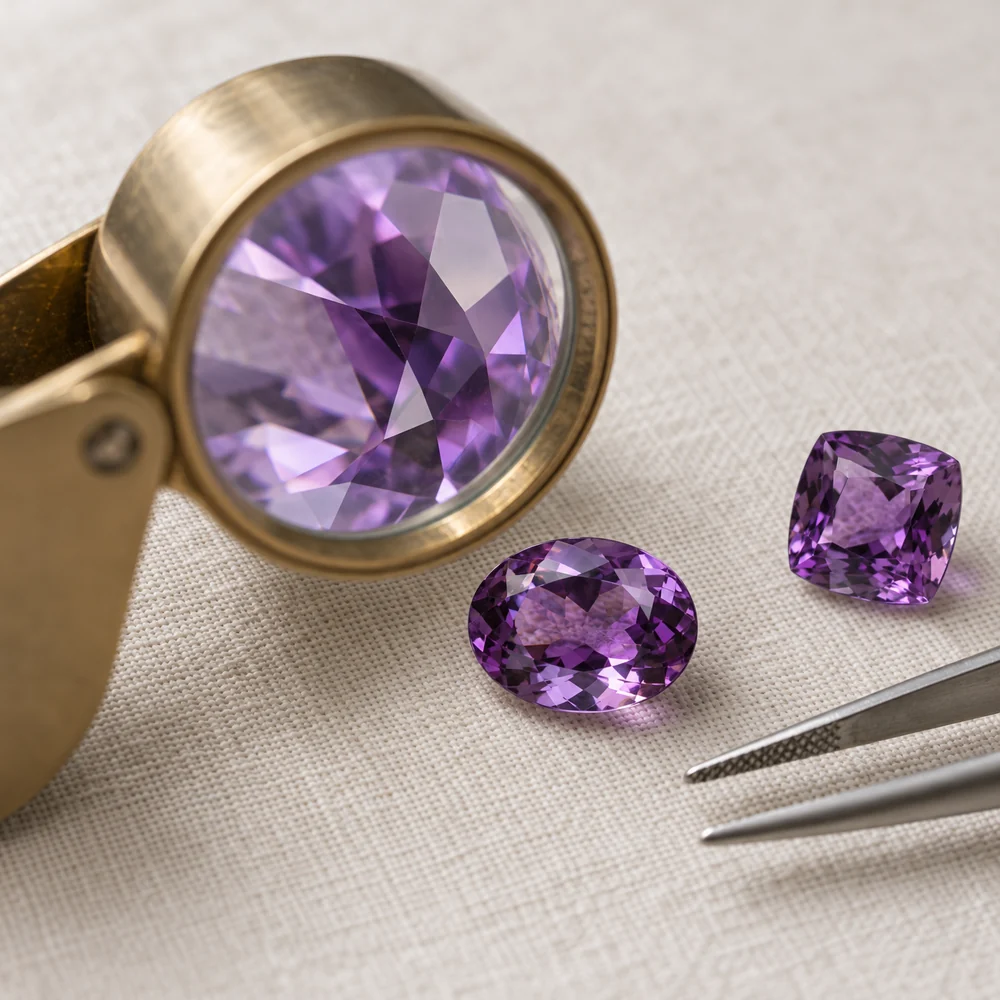 Loose oval and cushion cut amethysts beside a brass 10x loupe and gem tweezers