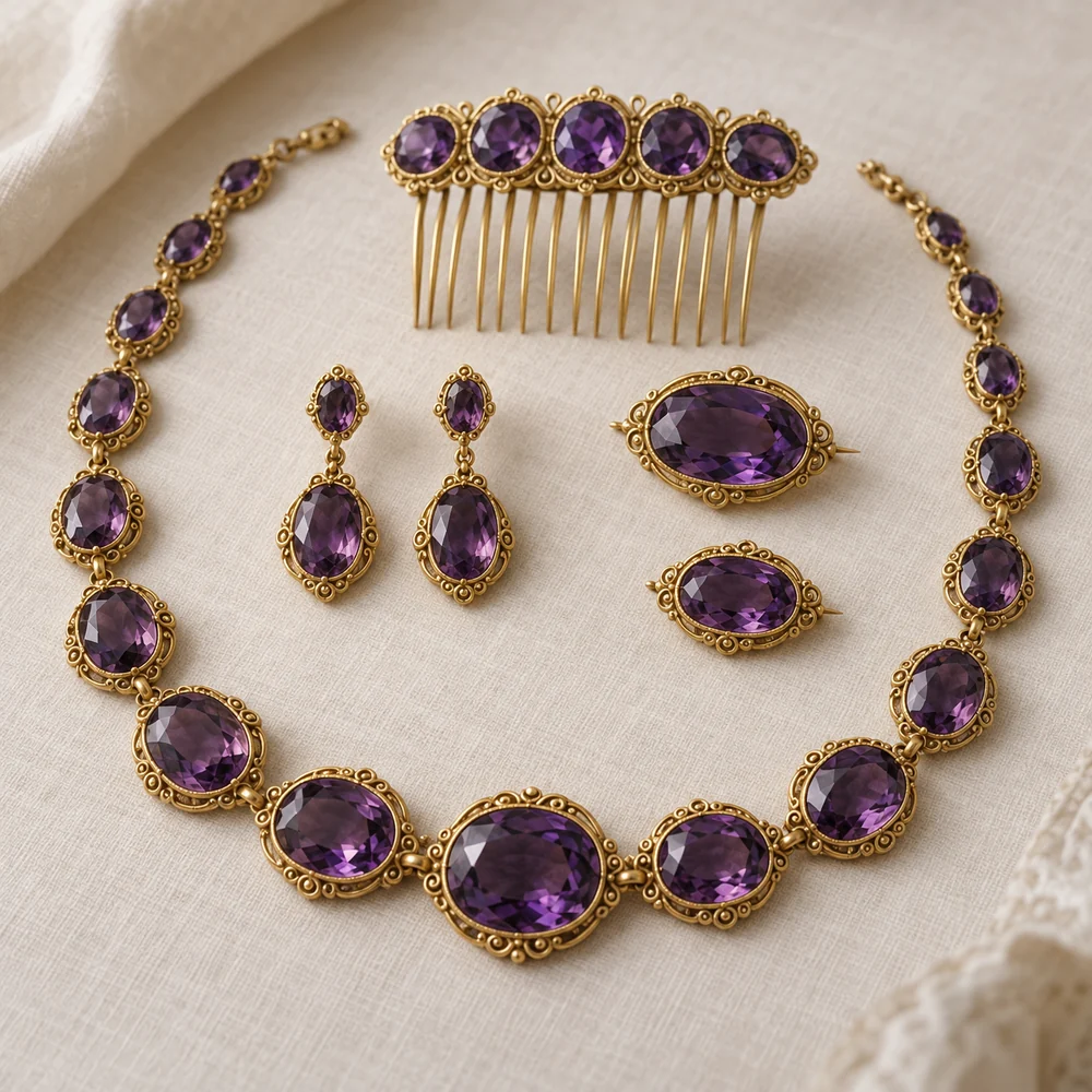 Illustration of an early 19th century amethyst parure in gold: necklace, drop earrings, two brooches and a hair comb