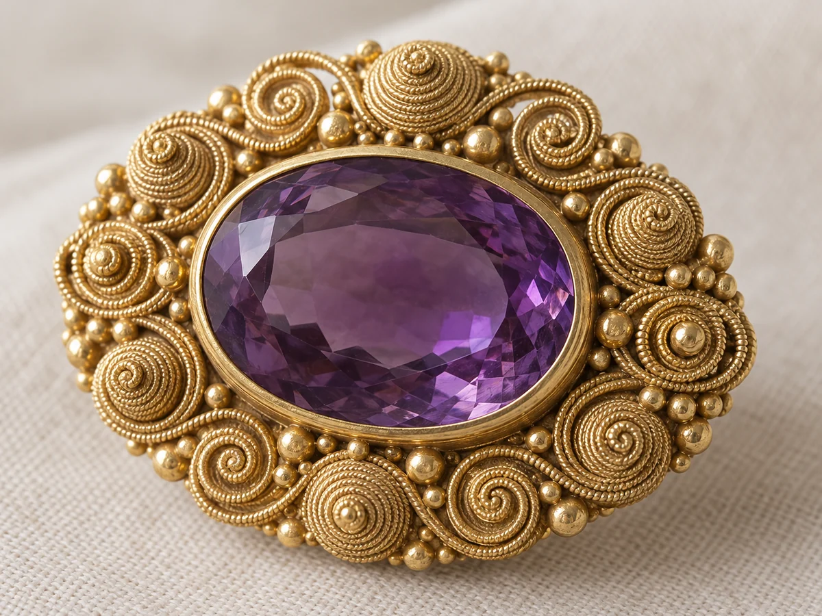 Illustration of a cannetille gold brooch: an oval amethyst framed by raised coils of gold wire and gold granules