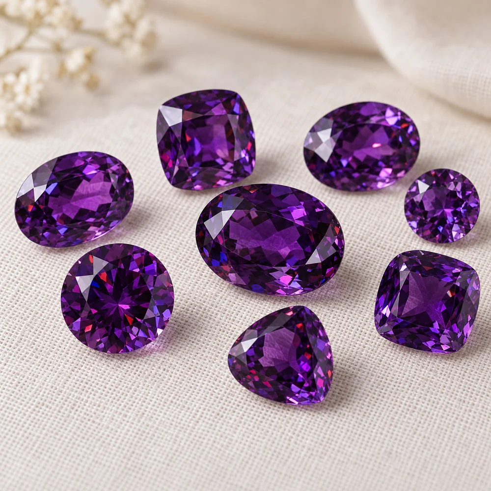 Loose deep purple amethysts in oval, cushion, round and pear cuts, showing red and blue flashes