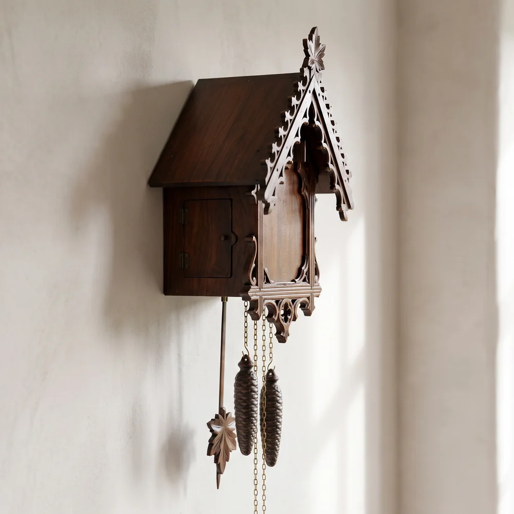 Black Forest cuckoo clock seen from the side on a plaster wall, with its carved gable, side door, chains, pine cone weights and leaf pendulum