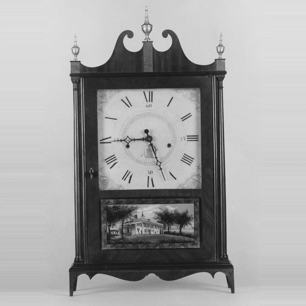 American pillar and scroll shelf clock by Seth Thomas, about 1820, with a scrolled top, slender pillars and a painted glass panel
