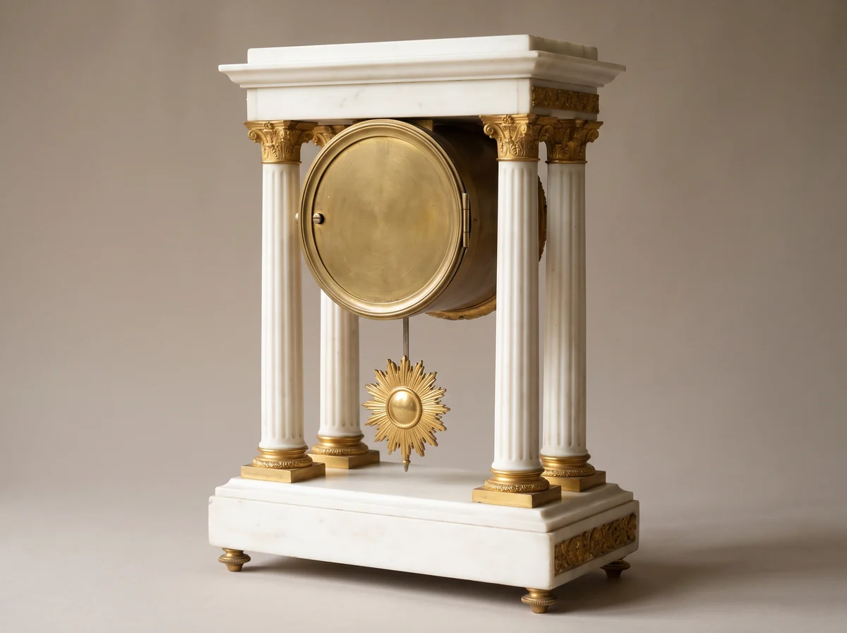French white marble and gilt bronze portico clock seen from behind, the round drum movement hanging between four columns above a sunburst pendulum