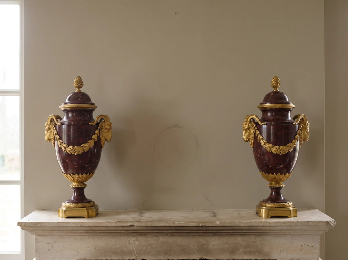 Pair of French rouge marble and gilt bronze garniture urns with rams' head handles and laurel swags on a stone mantelpiece