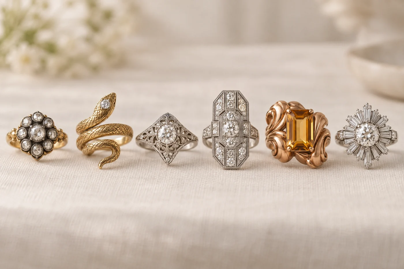 Illustration of six ring styles in date order: a Georgian rose cut cluster, a Victorian snake, an Edwardian platinum lace ring, an Art Deco plaque, a 1940s Retro gold scroll ring and a 1950s baguette starburst