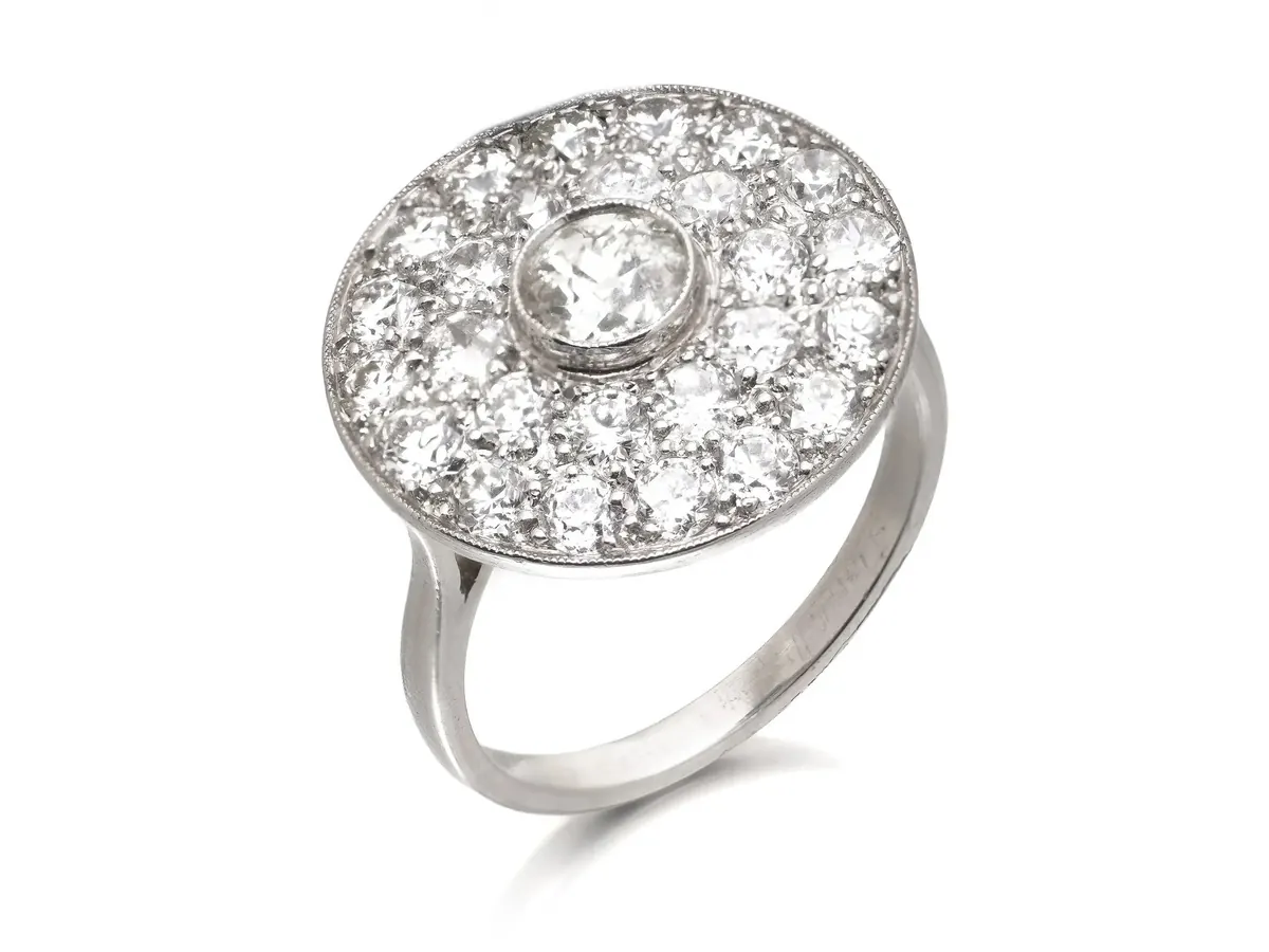Art Deco platinum diamond target cluster ring