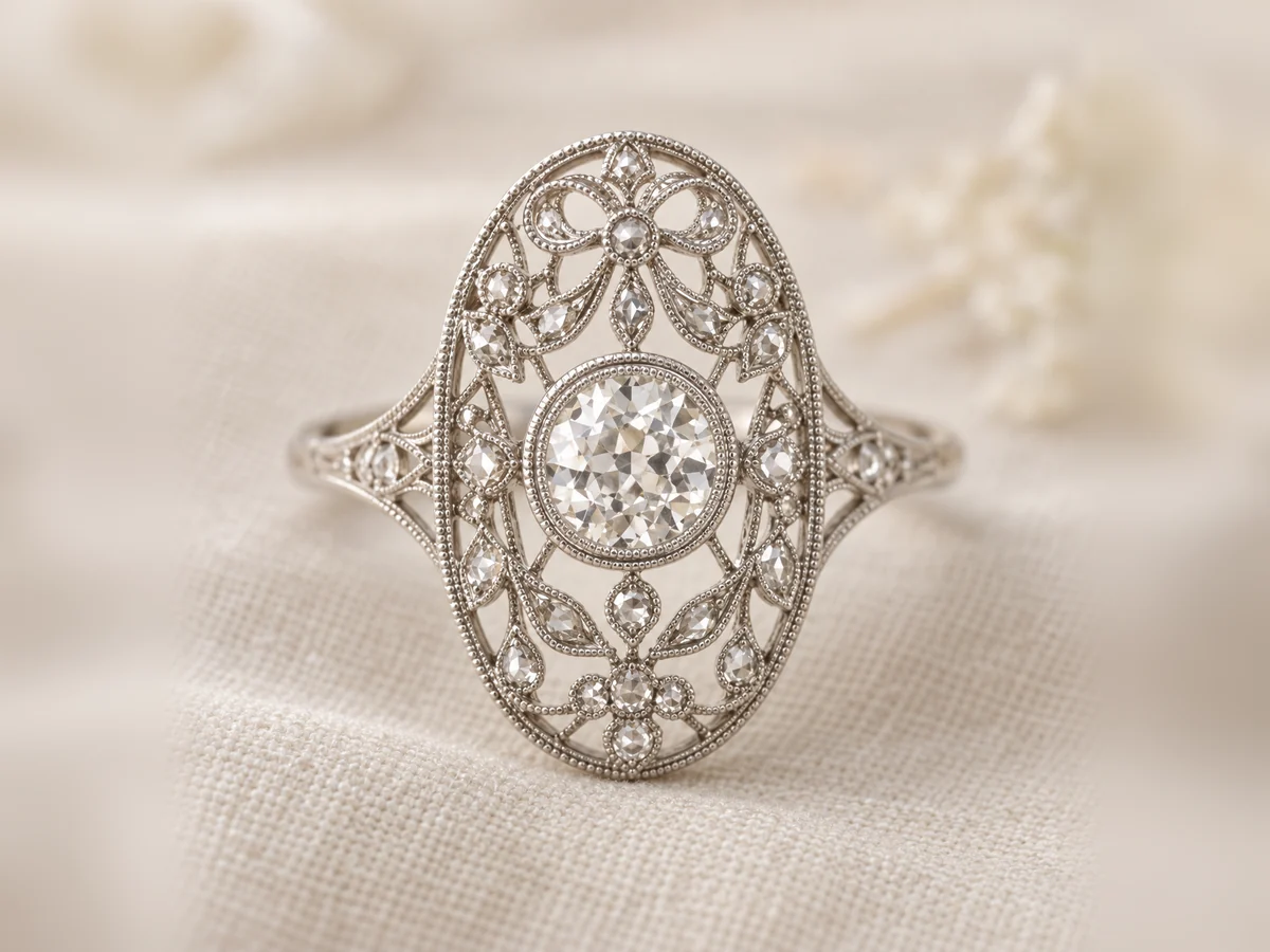 Illustration of an Edwardian style platinum ring: an old European cut diamond within pierced lace openwork edged with millegrain