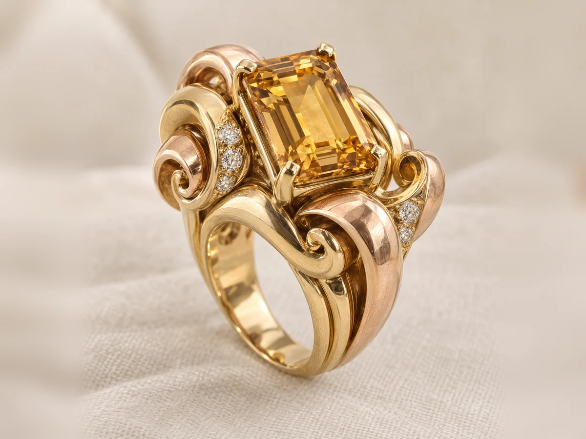 Illustration of a 1940s Retro style ring of sculptural rose and yellow gold scrolls holding a large step cut citrine