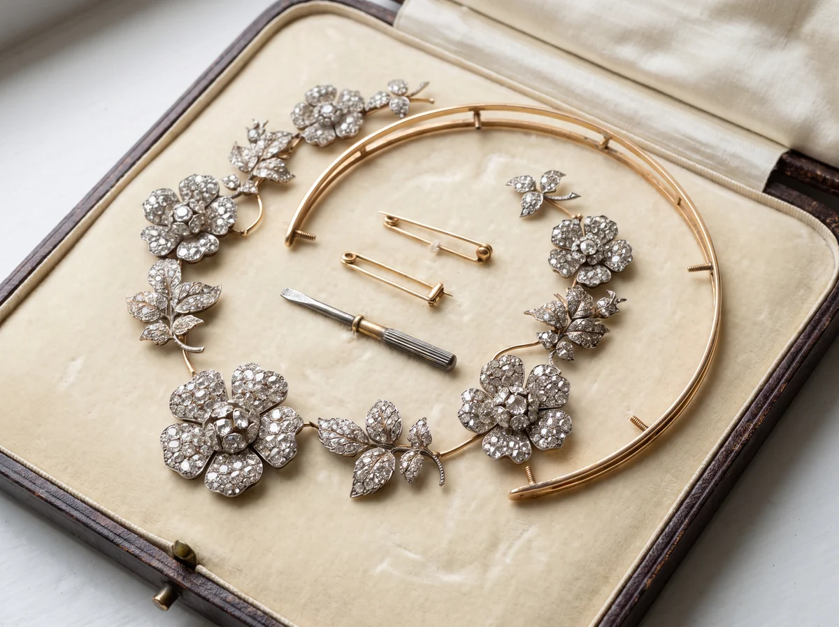 A convertible Victorian style diamond rose tiara taken apart in its fitted case: the rose and leaf sections joined as a necklace, the empty gold tiara frame with screw posts, two gold brooch fittings and a small screwdriver