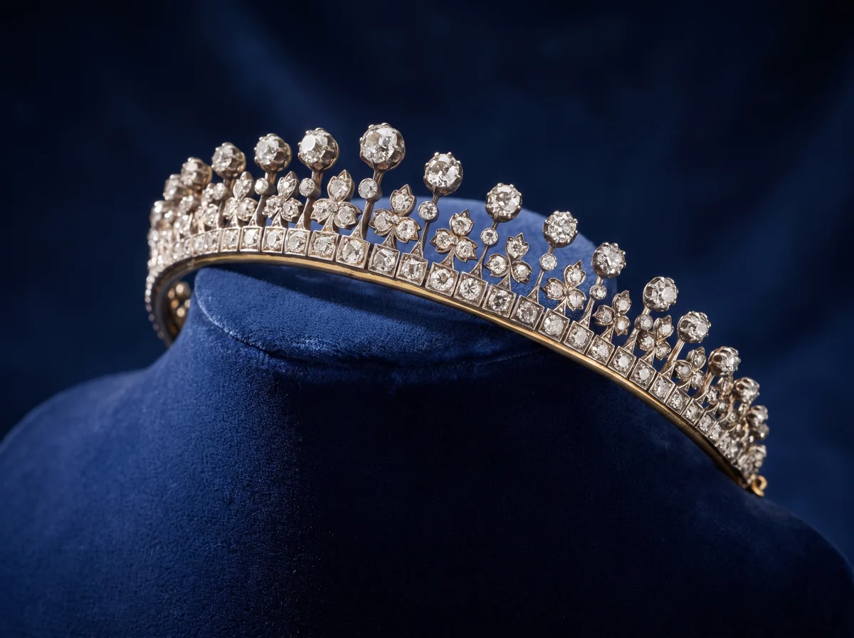A Victorian style diamond fringe tiara on a midnight blue velvet display form: a graduated row of collet-set old cut diamonds on fine spikes, with small diamond trefoils between them, above a band of square-set diamonds