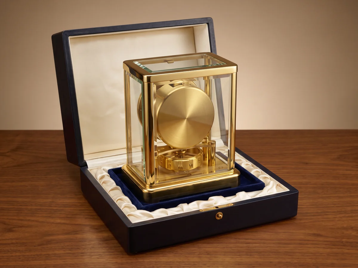 Gilt brass and glass Atmos type clock standing in an open fitted presentation box lined with satin and blue velvet, seen from the back