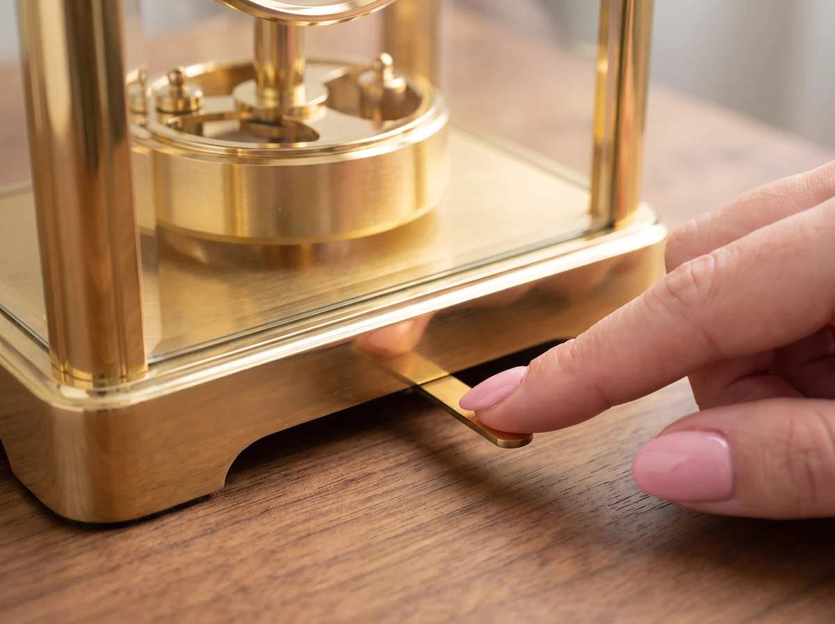 A manicured hand sliding the small brass locking lever under the front of a gilt Atmos type clock base to lock the torsion balance