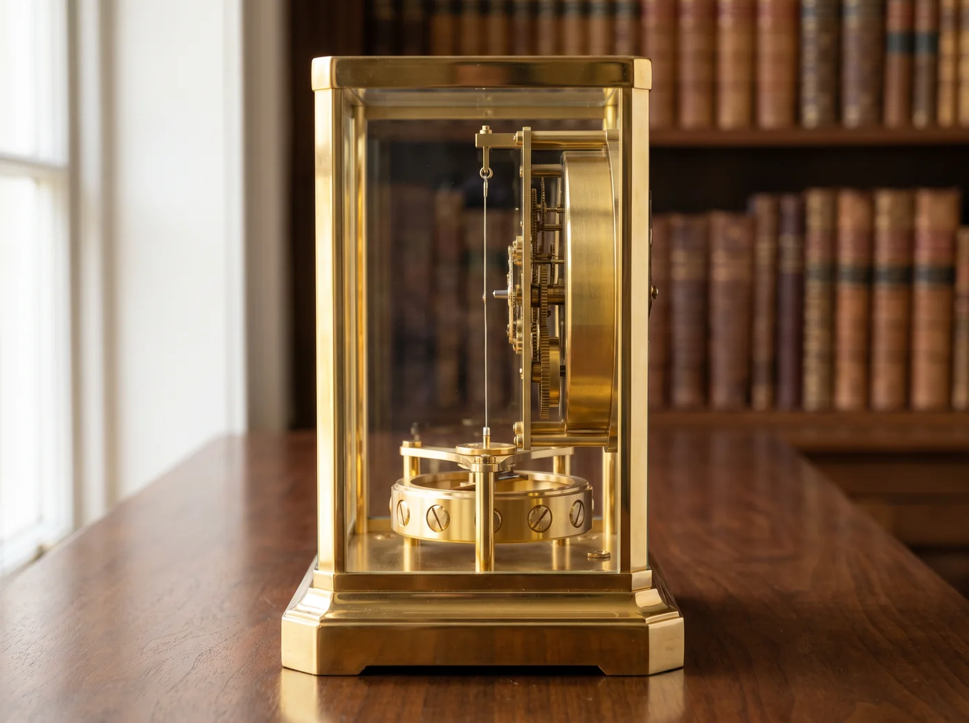Gilt brass and glass Atmos type clock seen from the side, the torsion balance hanging on a fine wire below the movement and the round capsule drum at the back