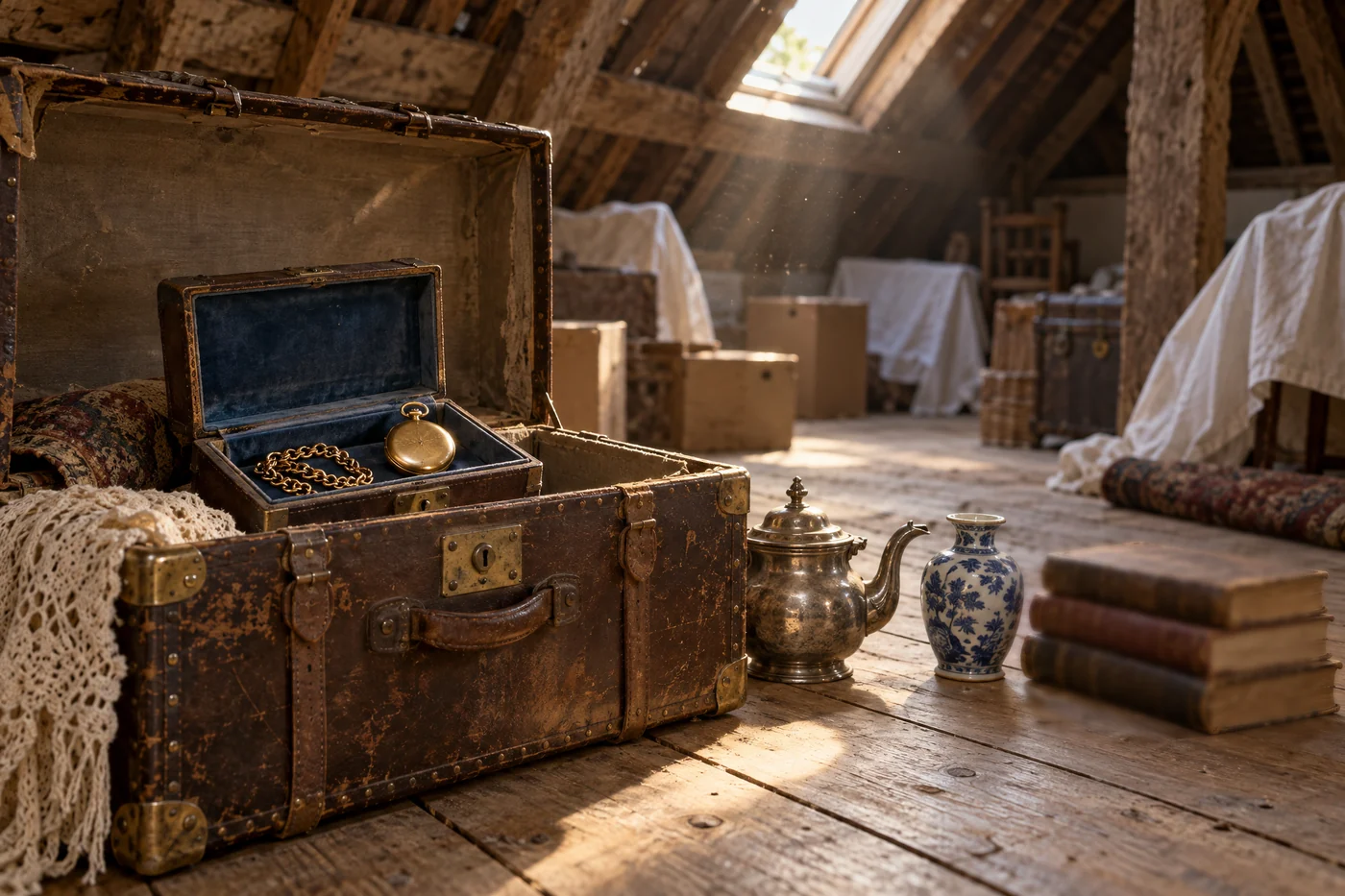 An English loft lit by a skylight, with an open leather trunk holding a gold chain and a gold pocket watch, beside a silver teapot, a blue and white vase and old books
