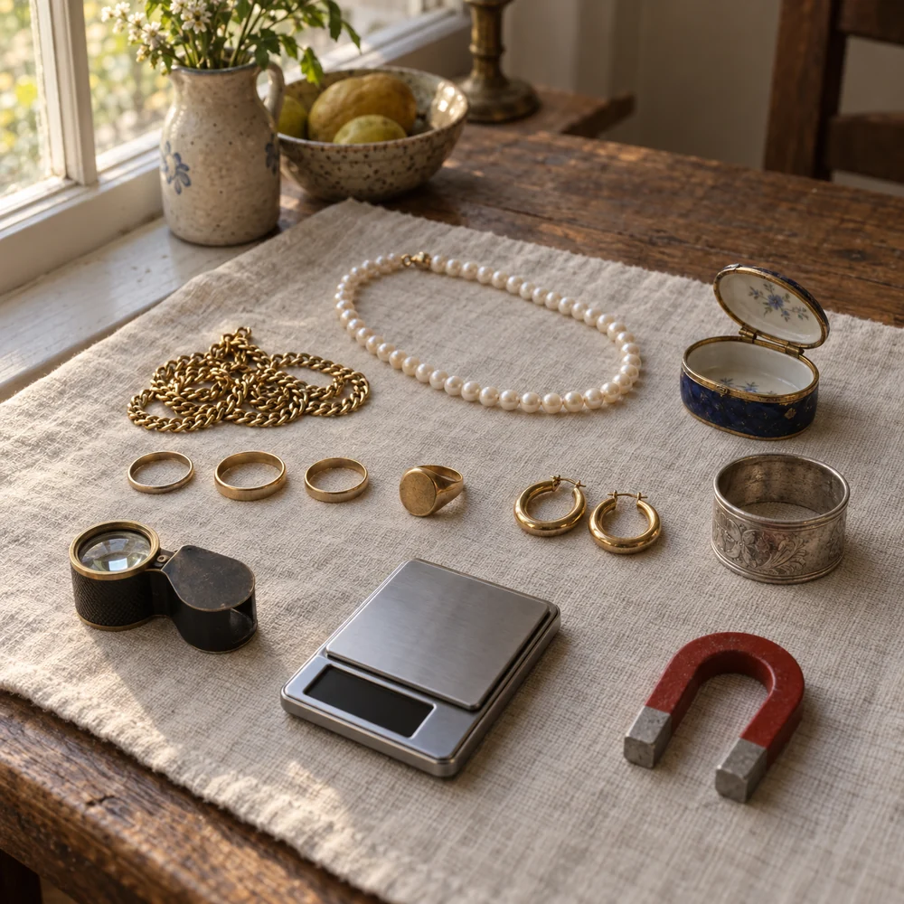 Gold rings, a gold chain, pearls, hoop earrings, a silver napkin ring and an enamel box laid out on linen with a loupe, a pocket scale and a magnet