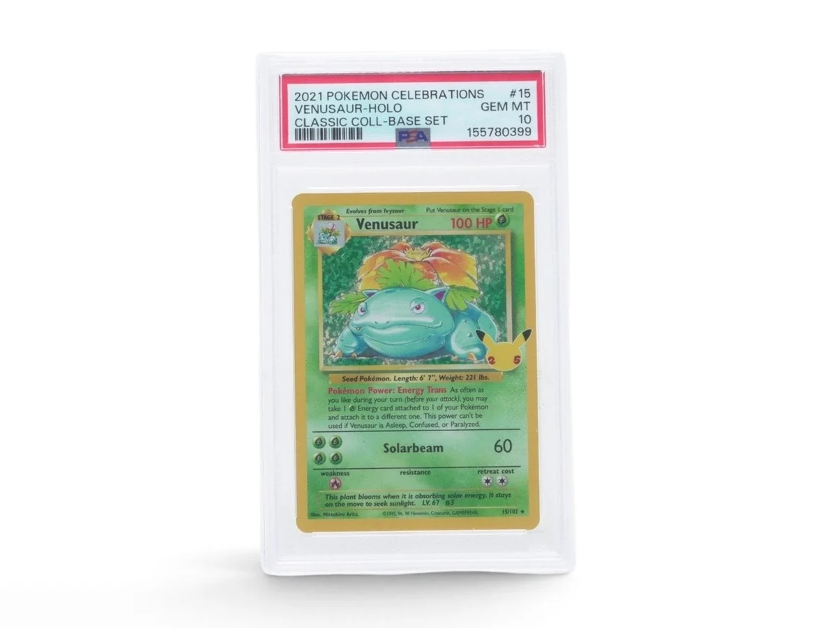 Venusaur holo Pokemon card from the 2021 Celebrations Classic Collection, graded PSA 10 Gem Mint in its sealed slab