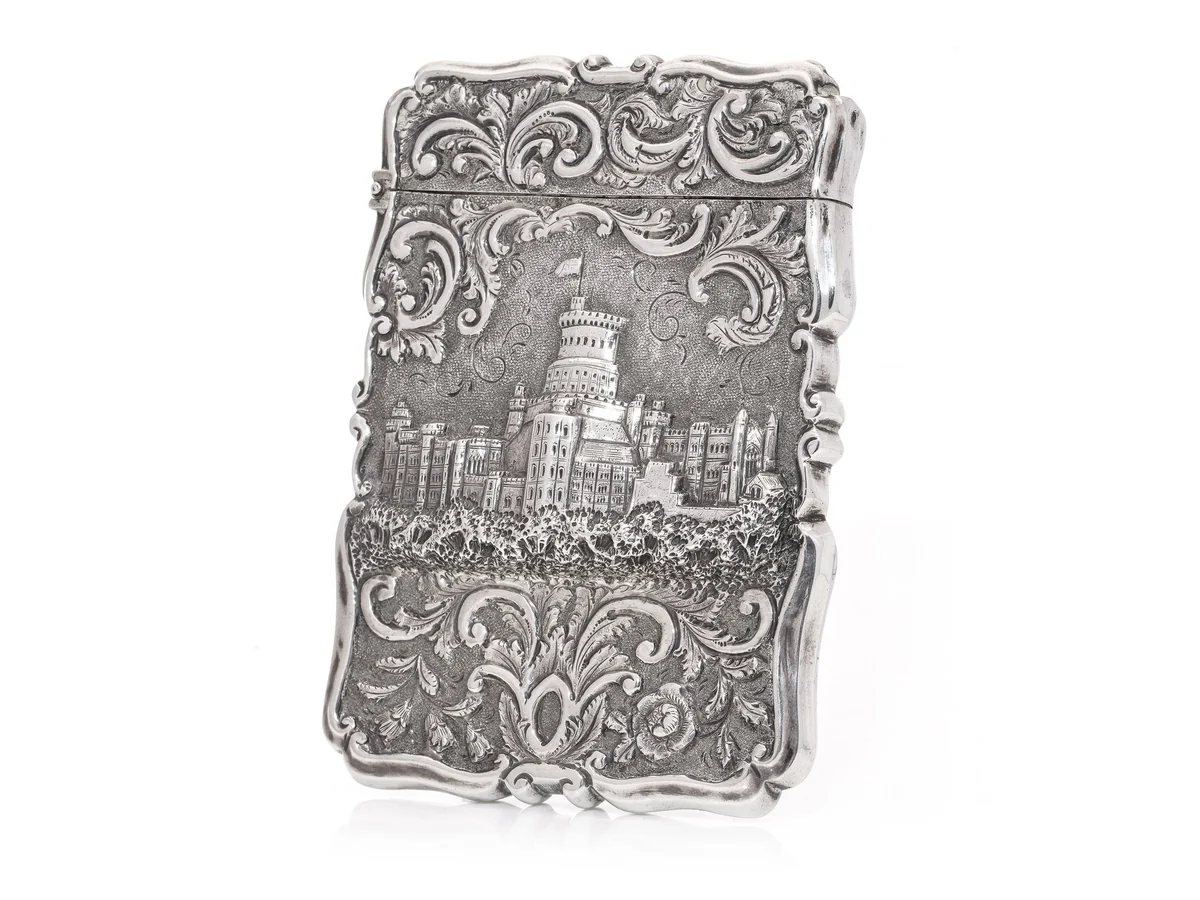 Victorian sterling silver card case embossed with Windsor Castle, by Edward Thomason, 1851