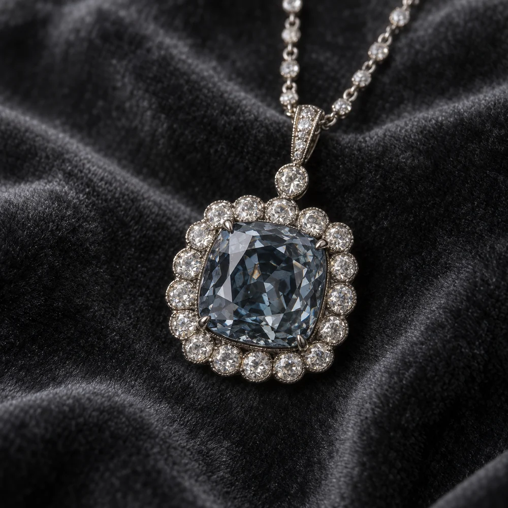 Illustration of an antique pendant with a large dark greyish blue cushion diamond framed by white diamonds