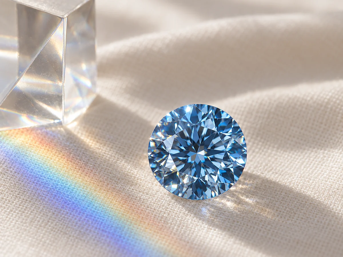Illustration of a round blue diamond beside a glass prism casting a rainbow spectrum on ivory linen