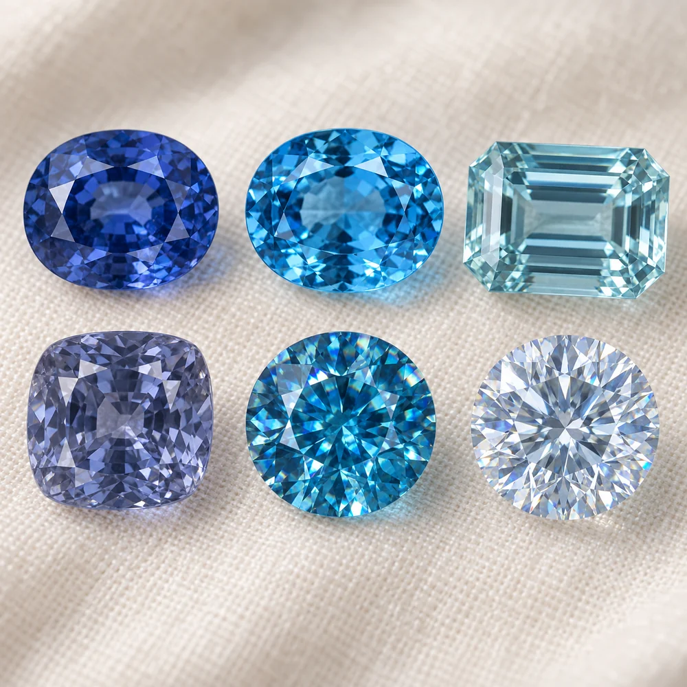 Illustration of six loose blue gems: sapphire, topaz, aquamarine, spinel, zircon and a blue diamond