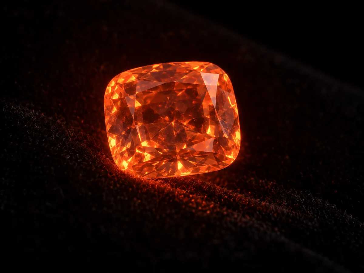 Illustration of a cushion cut diamond glowing orange red in the dark after ultraviolet light