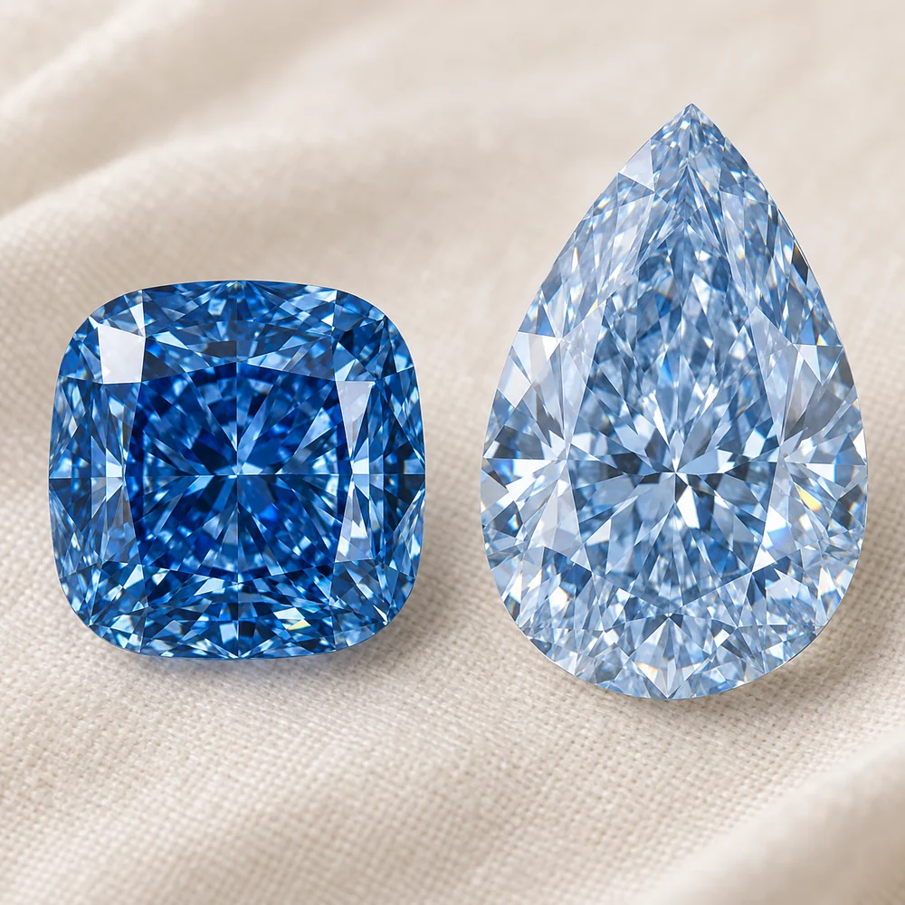 Illustration of a vivid blue cushion cut diamond beside a pale blue pear-shaped diamond