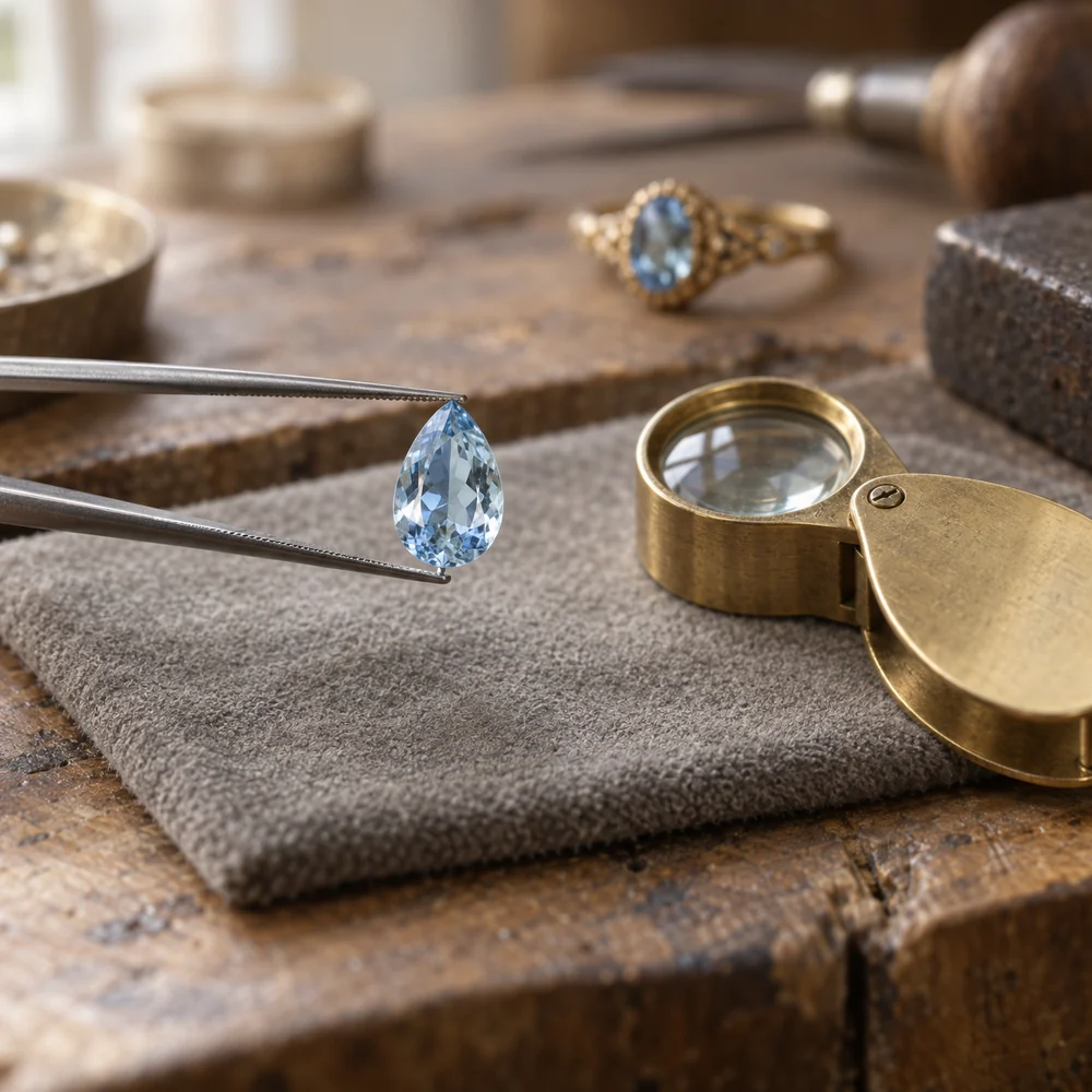 Illustration of a loose pale blue pear-shaped stone held in tweezers beside a brass loupe on a jeweller's bench