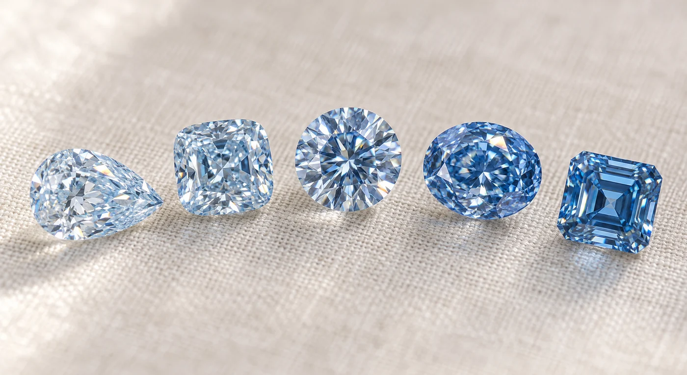Illustration of five loose blue diamonds, pear, cushion, round, oval and step cut, from pale Fancy Light blue to saturated Fancy Vivid blue
