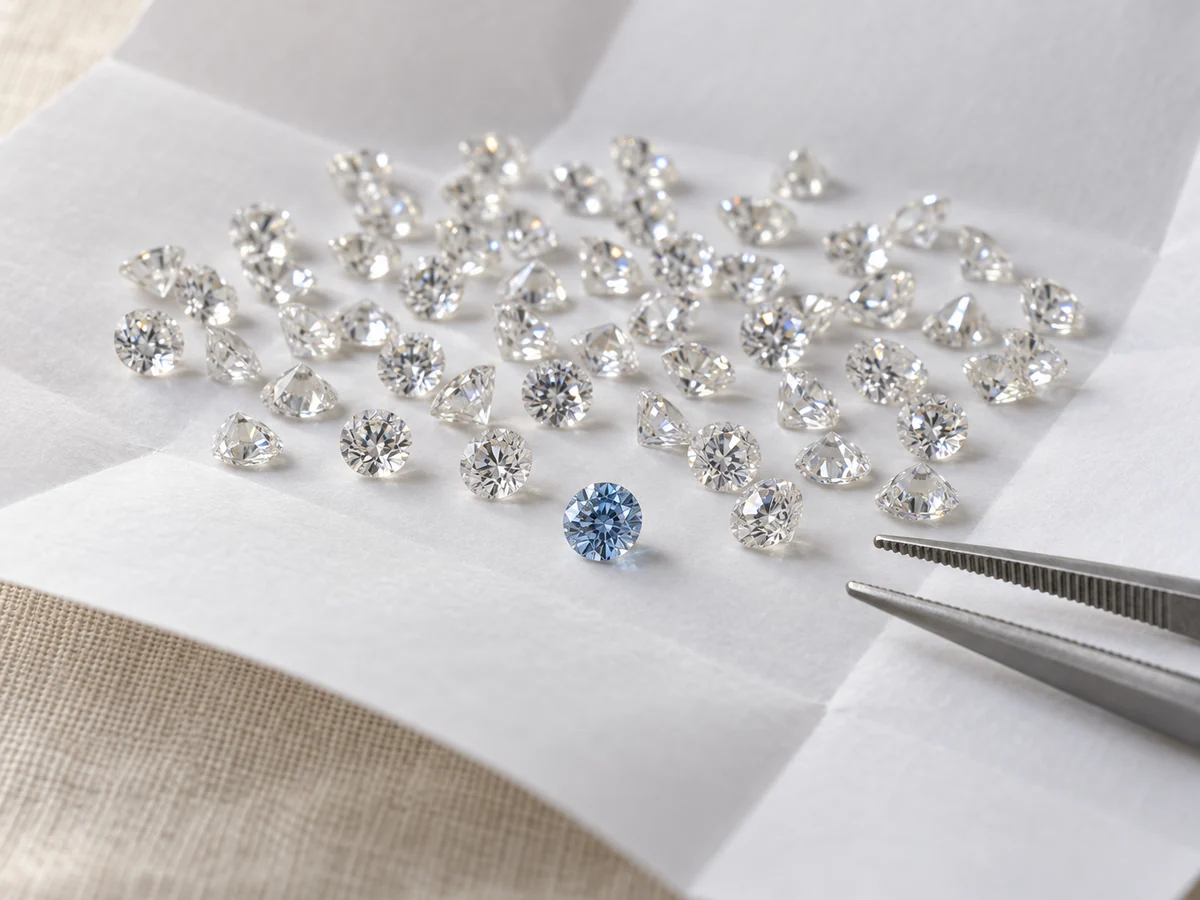 Illustration of a single blue diamond among a parcel of small white diamonds on diamond paper