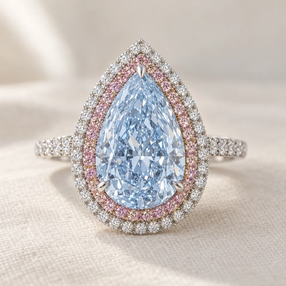 Illustration of a platinum ring with a pear-shaped Fancy Light Blue diamond in borders of pink and white diamonds