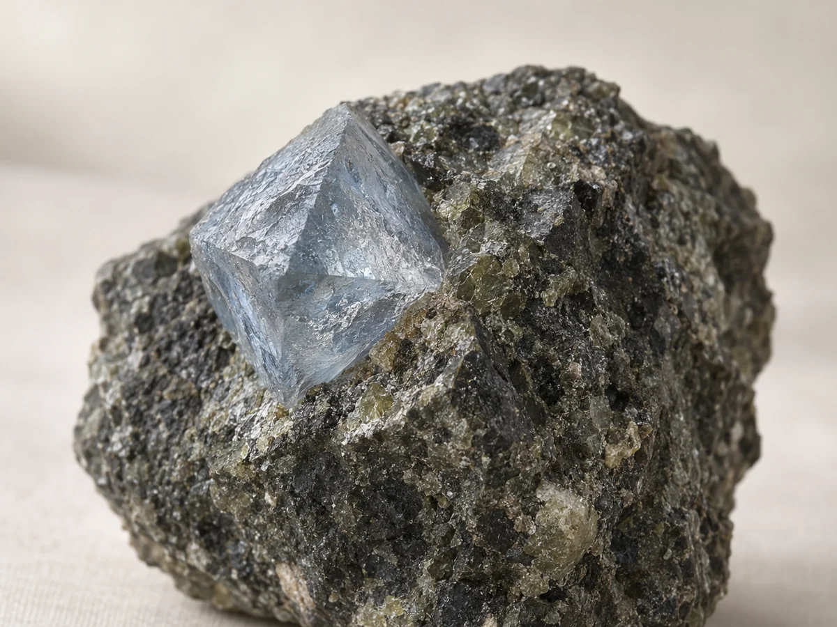 Illustration of a rough pale blue diamond octahedron embedded in dark kimberlite rock