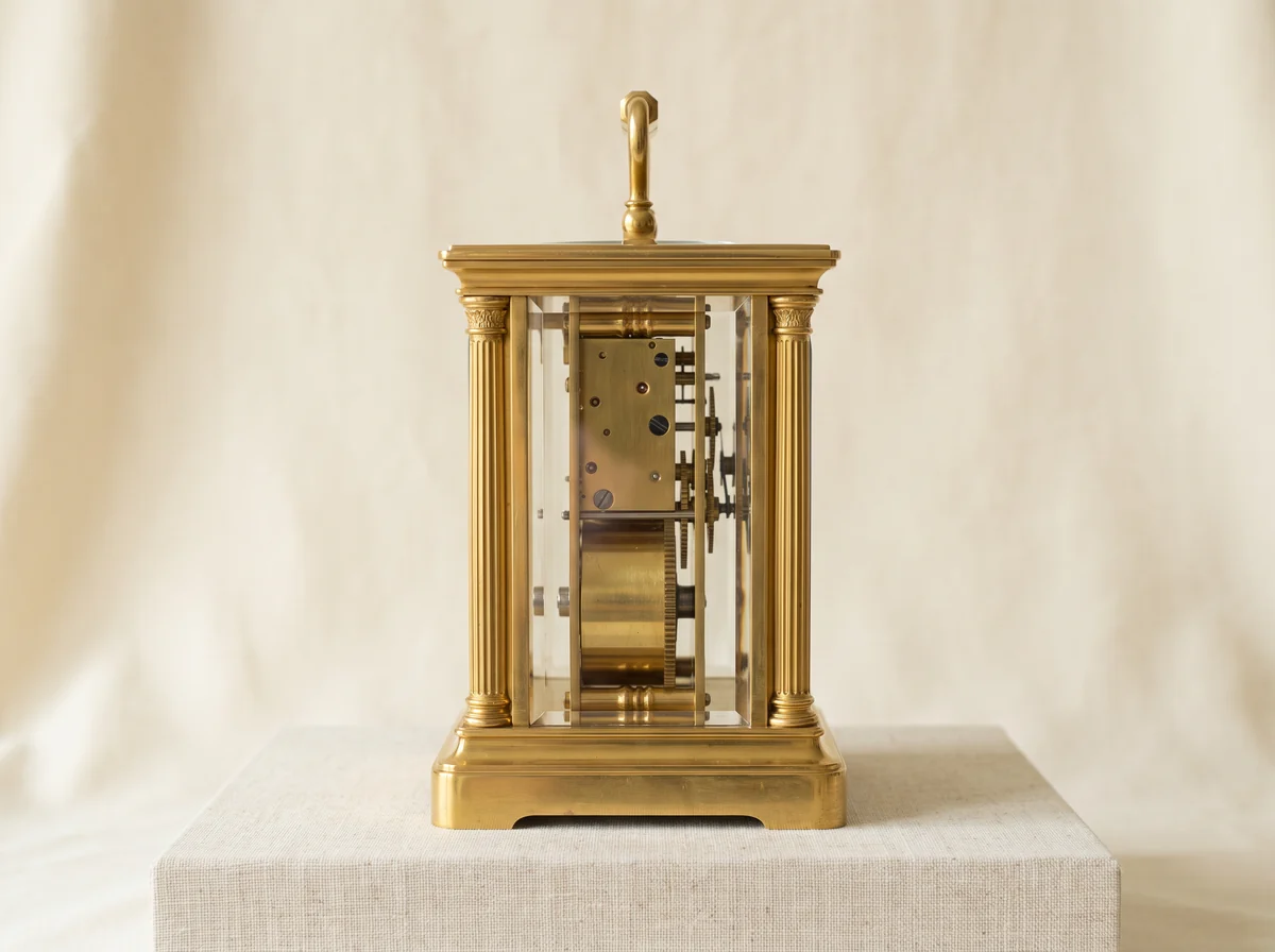 Side view of a gilt brass anglaise carriage clock case with fluted corner columns and a rectangular plinth base