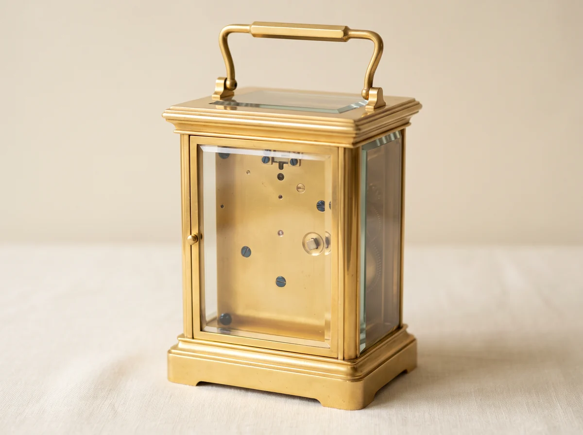 Gilt brass corniche-cased carriage clock seen from behind, with stepped cornice mouldings, bevelled glass panels and folding handle