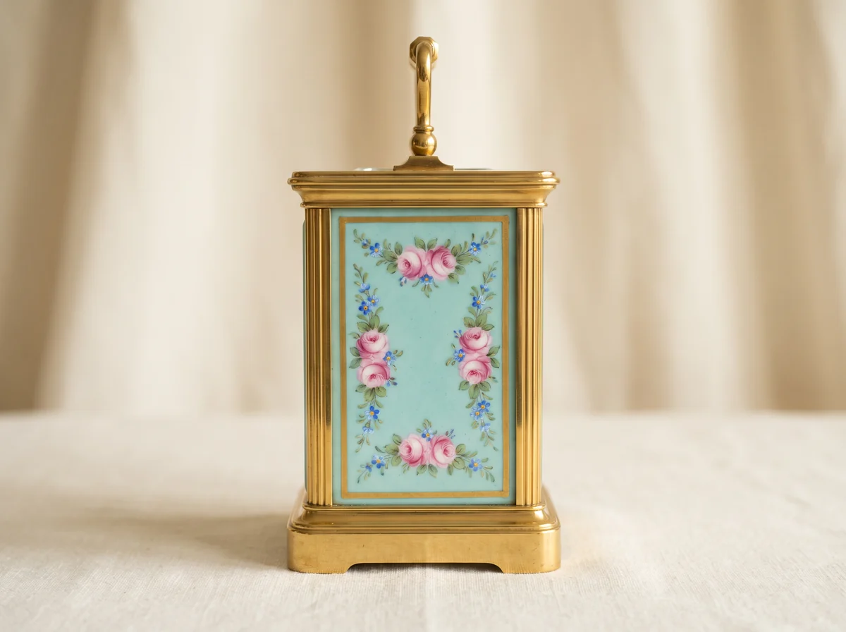 Side of a gilt brass carriage clock fitted with a painted porcelain panel of pink roses on a pale turquoise ground