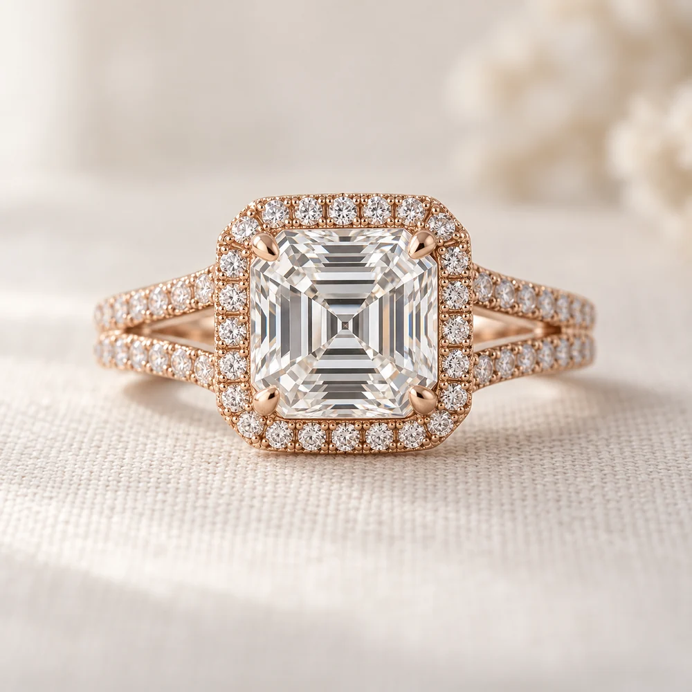 Illustration of a square Asscher cut diamond in a pave halo on a rose gold split shank