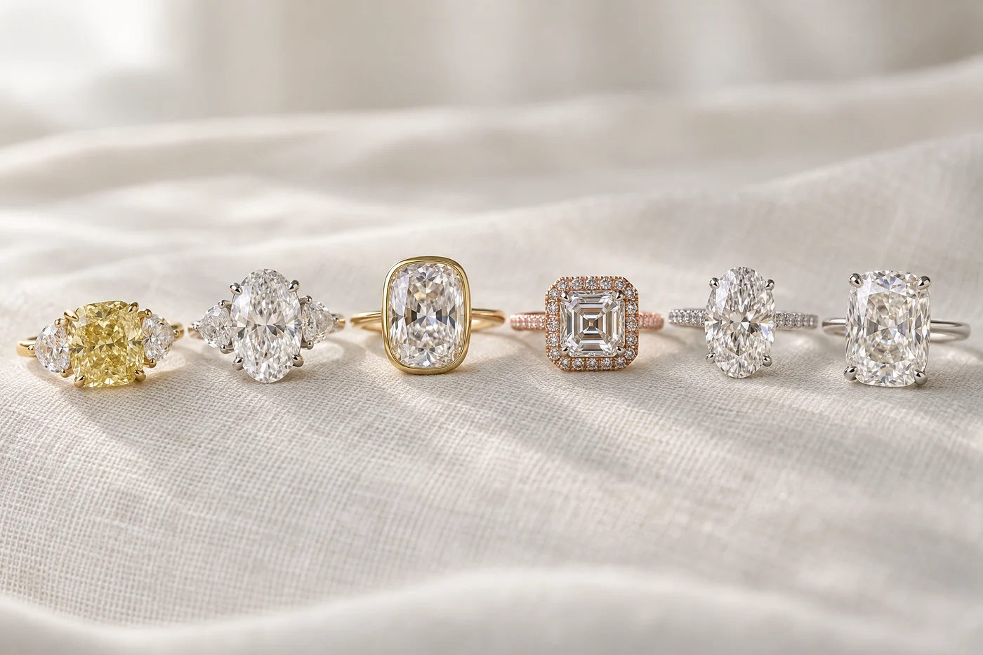 Six diamond engagement rings in a row on ivory linen: a yellow cushion trilogy, an oval trilogy, a cushion in a yellow gold bezel, an Asscher cut halo in rose gold, an oval solitaire and an elongated cushion solitaire