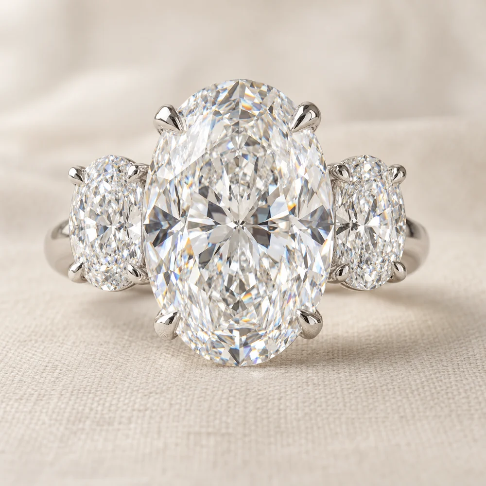 Illustration of a three stone ring with a very large oval diamond between two smaller oval diamonds in platinum claws