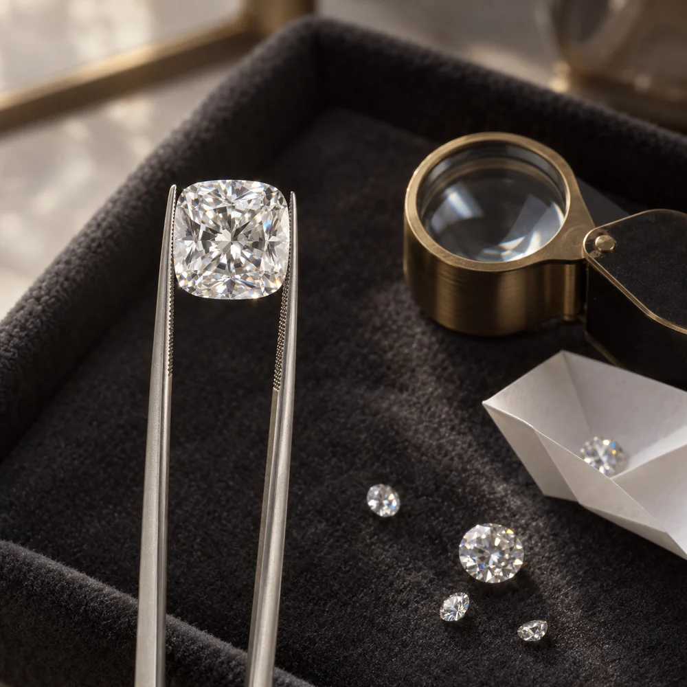 A loose cushion cut diamond held in tweezers over a charcoal velvet grading pad, with a brass loupe and smaller loose diamonds