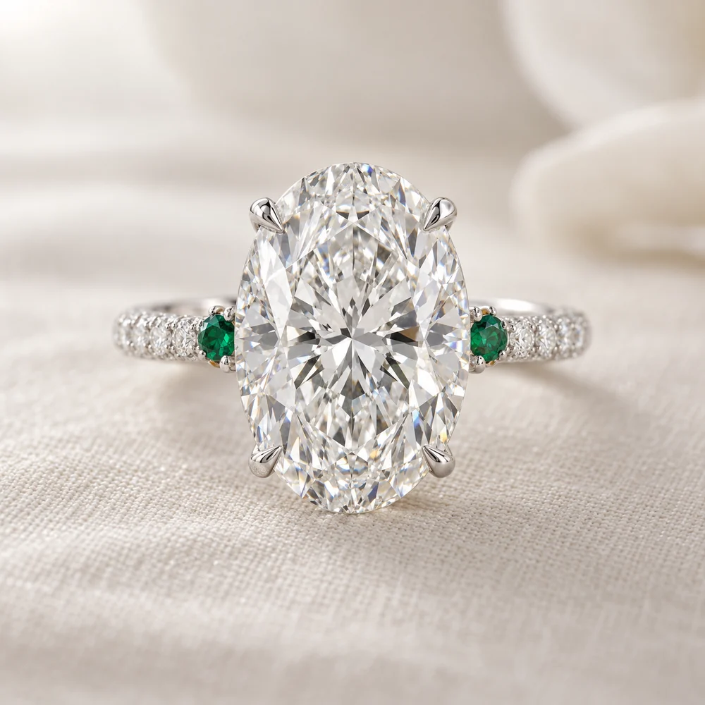 Illustration of a large oval diamond solitaire in platinum with a pave band and a small emerald on each shoulder