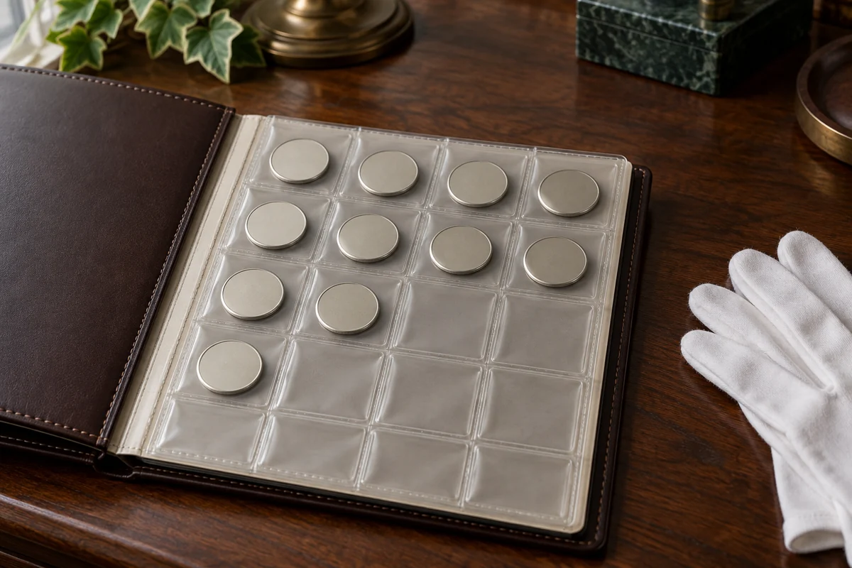 An open coin album page with clear pockets, half filled with silver-coloured coins and half empty, beside white cotton gloves