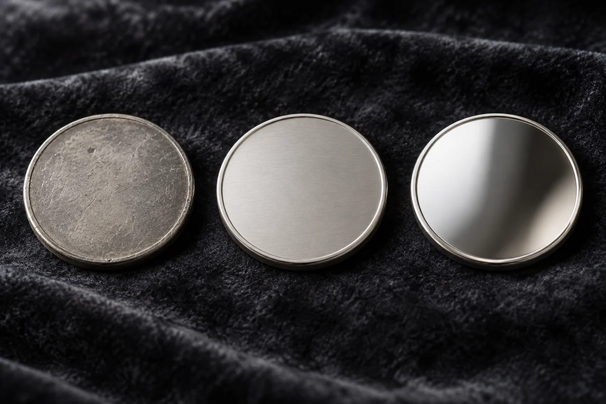Three blank coins on charcoal velvet: a worn, scratched circulated finish, a satin brilliant uncirculated finish and a mirror proof finish